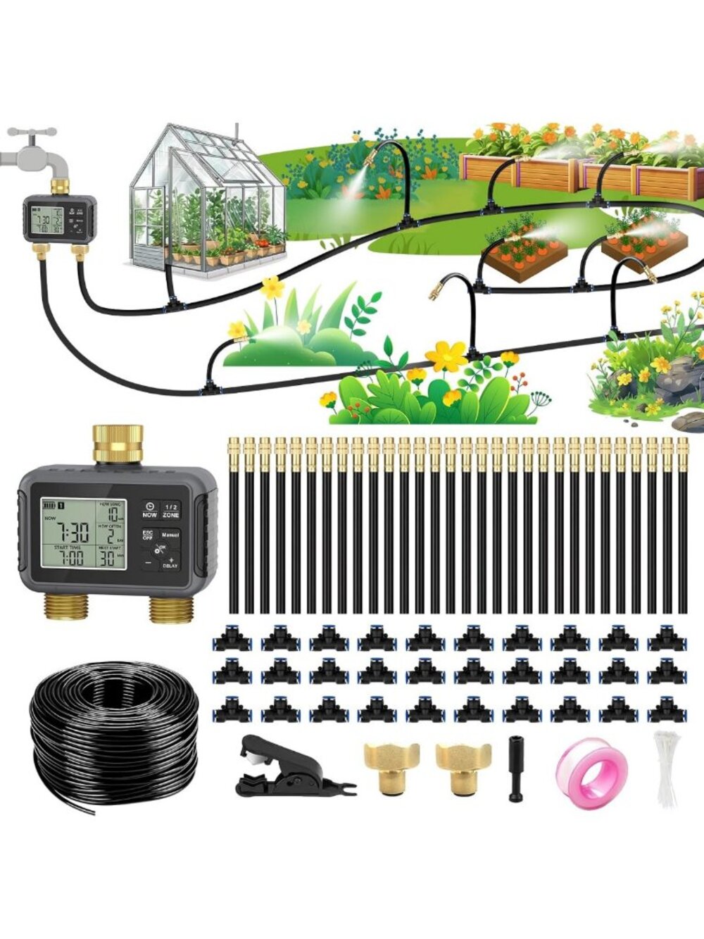 120FT Drip Irrigation Kit with Smart Timer - Efficient Watering System for